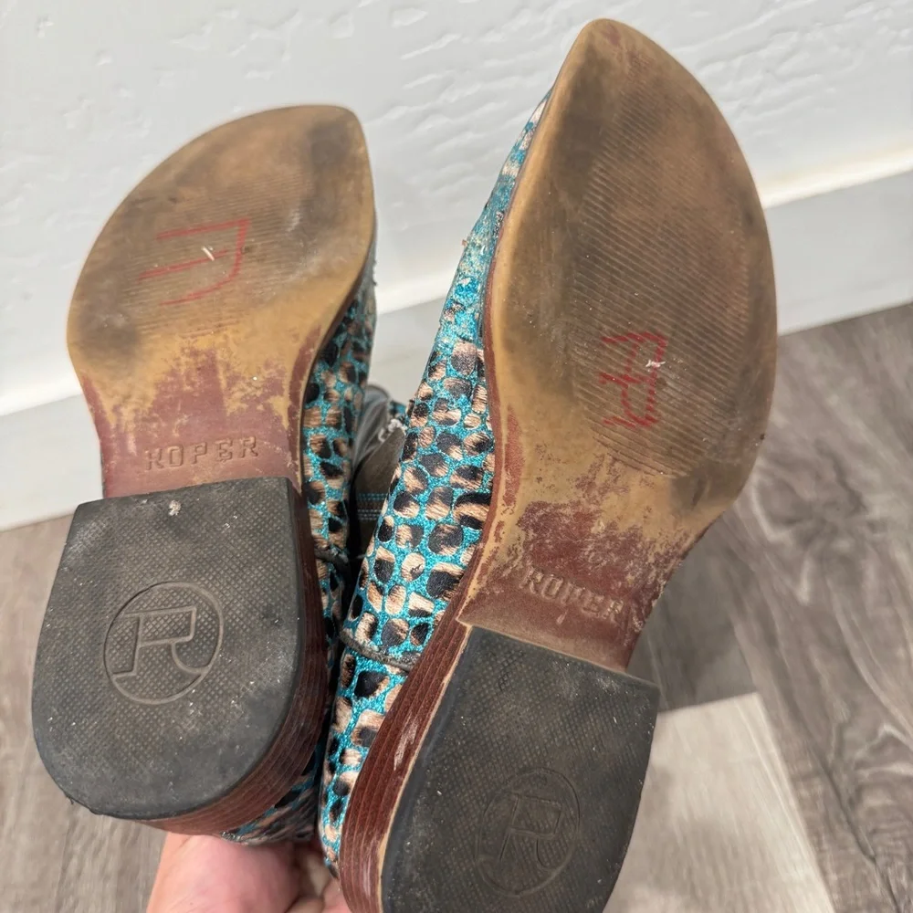 Roper Glitter Leopard Print Boots Kids Girls 3 Brown Blue Western Rodeo